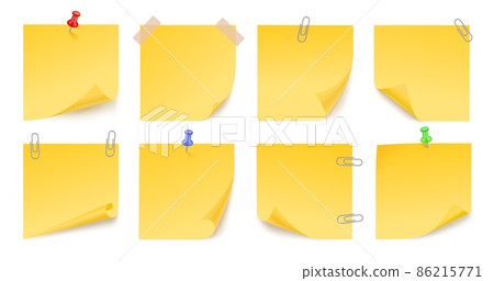 Yellow sticky stickers. Note office sticker, memo post papers with pins. Different sheets curled edge, isolated colored pages for board exact set Yellow sticky stickers. Note office sticker, memo post papers with pins. Different sheets curled edge, isolated colored pages for board exact set 86215771