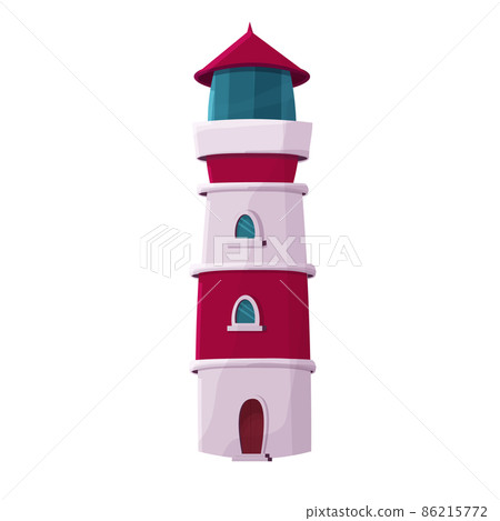 Lighthouse building, seaside tower in white and red colors in cartoon style isolated on white background. Navigation sign. Lighthouse building, seaside tower in white and red colors in cartoon style isolated on white background. Navigation sign. 86215772