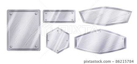 Metal badge set, vector silver label icon, steel glossy scratched chrome plates, UI game iron panels 86215784