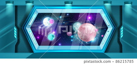 Space ship interior background, vector space station window view, game universe galaxy planet scene Space ship interior background, vector space station window view, game universe galaxy planet scene 86215785