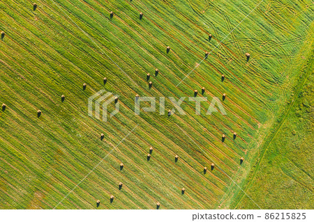 Aerial View of Summer Field Landscape With With Dry Hay Bales During Harvest. Trails Lines on Farmland. Top View Agricultural Landscape. Drone View. Bird's Eye View Aerial View of Summer Field Landscape With With Dry Hay Bales During Harvest. Trails Lines on Farmland. Top View Agricultural Landscape. Drone View. Bird's Eye View 86215825