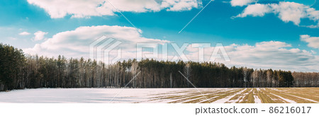 Spring Plowed Field Partly Covered Winter Melting Snow Ready For New Season. Ploughed Field In Early Spring. Farm, Agricultural Landscape. Panorama, Panoramic View 86216017