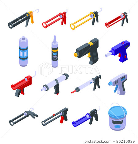 Silicone caulk gun icons set, isometric style 86216059