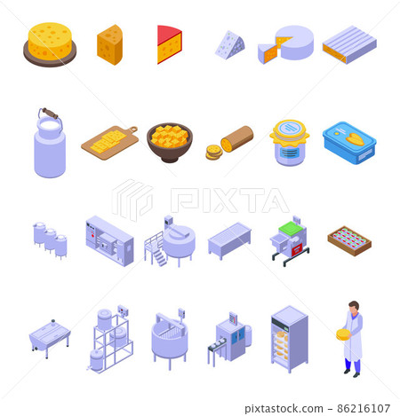 Cheese production icons set, isometric style Cheese production icons set, isometric style 86216107