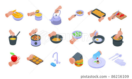 Hands preparing foods icons set, isometric style 86216109