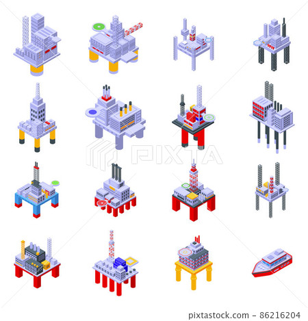 Sea drilling rig icons set, isometric style 86216204
