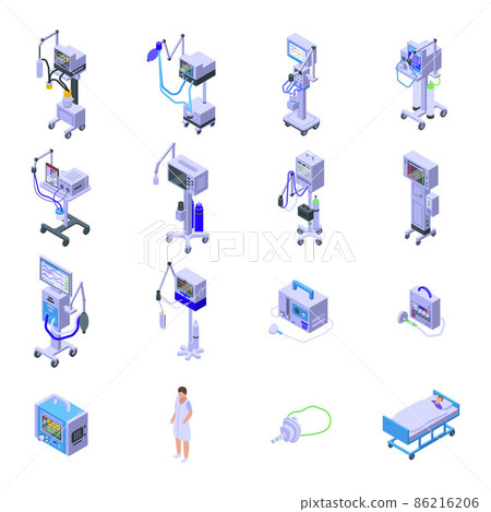 Ventilator Medical Machine icons set, isometric style 86216206