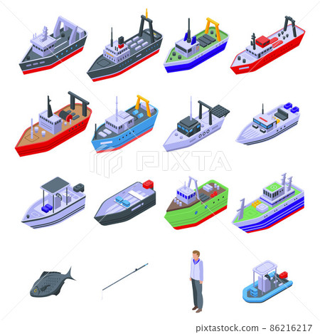 Fishing boat icons set, isometric style 86216217
