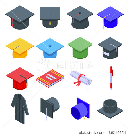 Graduation hat icons set, isometric style Graduation hat icons set, isometric style 86216354