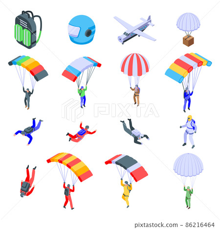 Parachuting icons set, isometric style Parachuting icons set, isometric style 86216464