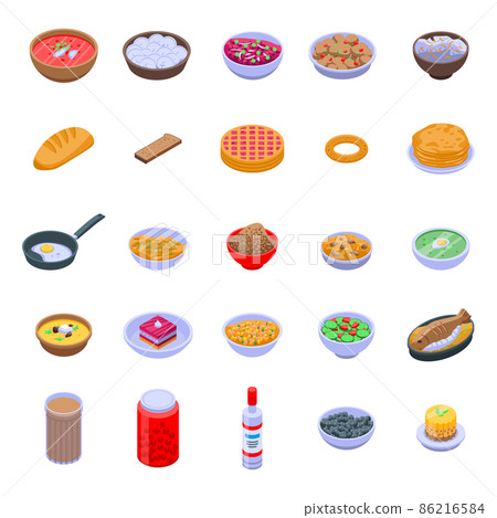 Russian cuisine icons set, isometric style Russian cuisine icons set, isometric style 86216584