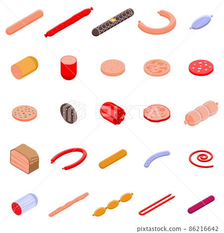 Sausage icons set, isometric style Sausage icons set, isometric style 86216642