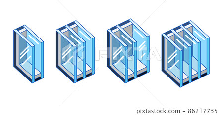 Set of different types double glazed windows. PVC plastic or aluminum metal profile. 86217735