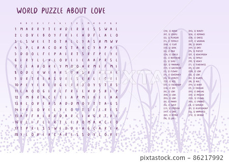 Valentines day word puzzle crossword - find the listed words about love in the brain work puzzle. attentiveness test, riddle game in English. words are located forward and down 86217992