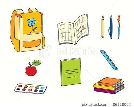 Bright vector line art set of school supplies for school children education Bright vector line art set of school supplies for school children education 86218003