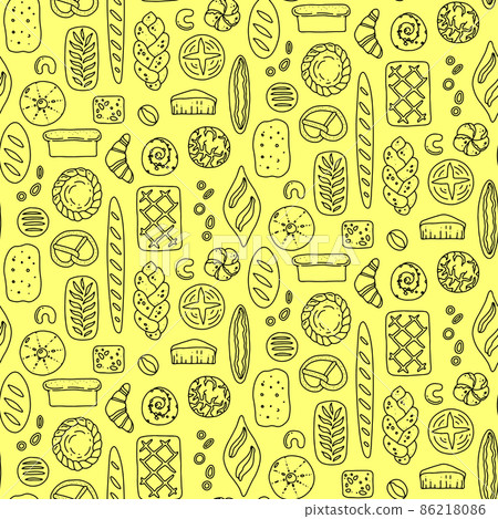 Bakery products pattern. Bread, loaf, baguette, croissant, pretzel, snail bun, pie in doodle style. Vector illustration Bakery products pattern. Bread, loaf, baguette, croissant, pretzel, snail bun, pie in doodle style. Vector illustration 86218086