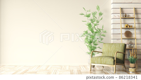 Interior with green armchair and ladder shelf in modern living room with wooden panelling and mockup wall, home design 3d rendering 86218341