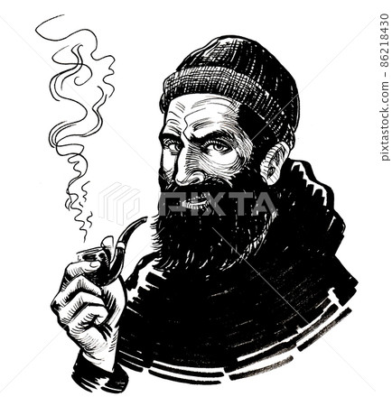 Sailor smoking pipe. Ink black and white drawing 86218430
