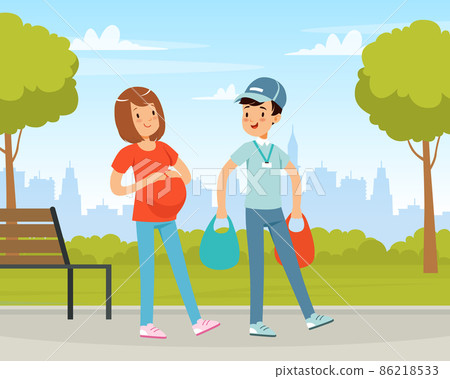 Man Volunteer Carrying Shopping Bags Helping Pregnant Woman Vector Illustration Man Volunteer Carrying Shopping Bags Helping Pregnant Woman Vector Illustration 86218533