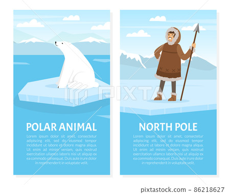 Banner with Eskimo Indigenous Man Hunter with Spear and White Polar Bear on Ice Plate Vector Illustration Banner with Eskimo Indigenous Man Hunter with Spear and White Polar Bear on Ice Plate Vector Illustration 86218627
