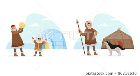 Eskimo Indigenous Man with Kid and Husky Dog Near Icy Igloo Vector Illustration Eskimo Indigenous Man with Kid and Husky Dog Near Icy Igloo Vector Illustration 86218636