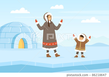 Eskimo Indigenous Woman with Kid Near Icy Igloo... - Stock Illustration ...