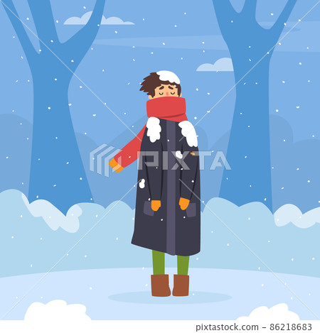 Freezing Man in Coat and Scarf Standing in Snowy Winter Vector Illustration 86218683