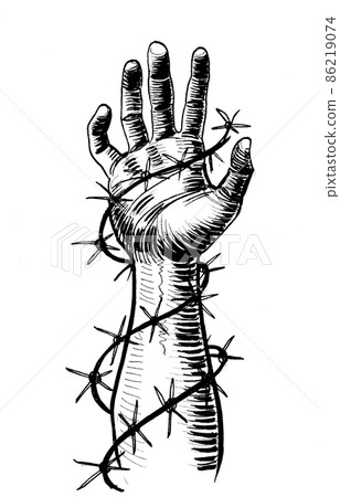 Hand in barbed wire. Ink black and white drawing Hand in barbed wire. Ink black and white drawing 86219074