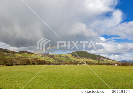 Sunny rural landscape with rainbow above Sunny rural landscape with rainbow above 86219304