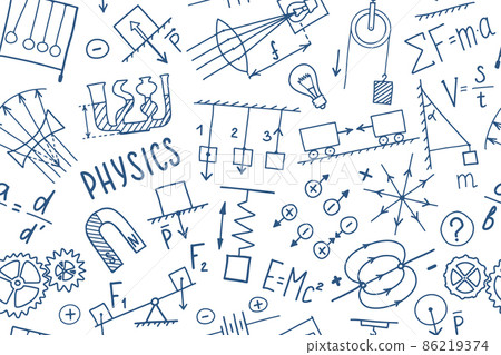 Phisics symbols doodle seamless pattern. Science subject cover template design. Education study concept. Back to school sketchy background for notebook, not pad, sketchbook. 86219374
