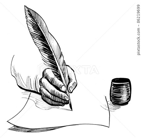 Hand writhing with a feather quill. Ink black and white drawing Hand writhing with a feather quill. Ink black and white drawing 86219699
