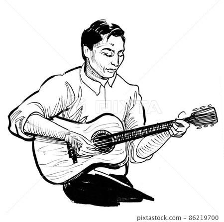 Man playing guitar. Ink black and white drawing Man playing guitar. Ink black and white drawing 86219700