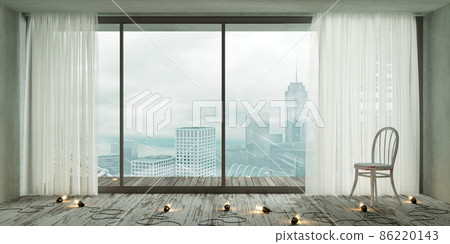 Loft interior with chair and large black windows 86220143