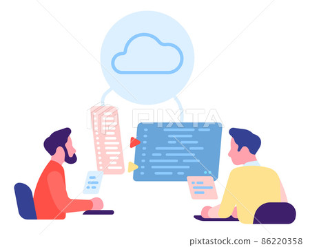 Programmers coding cloud computing software. Digital service development Programmers coding cloud computing software. Digital service development 86220358