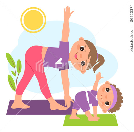 Mother and kid doing yoga together. Healthy lifestyle Mother and kid doing yoga together. Healthy lifestyle 86220374