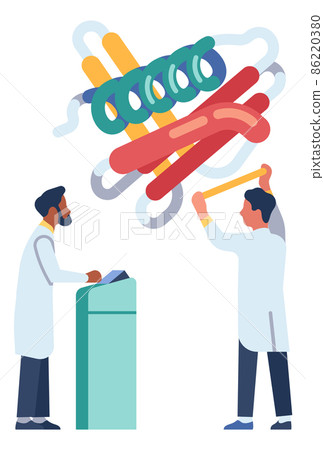 Men in laboratory coats measuring biological cell. Science lab 86220380
