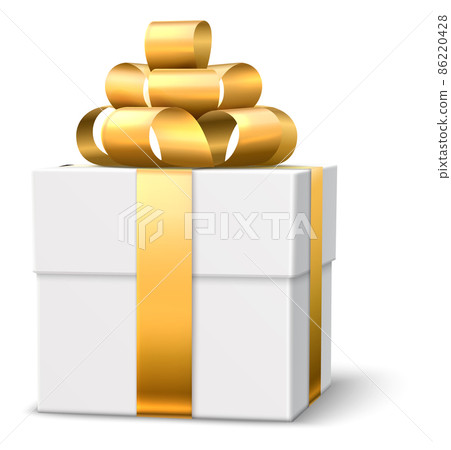Golden bow on white present box. Holiday gift decoration Golden bow on white present box. Holiday gift decoration 86220428