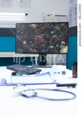 Computer with coronavirus cell illustration on screen Computer with coronavirus cell illustration on screen 86220969
