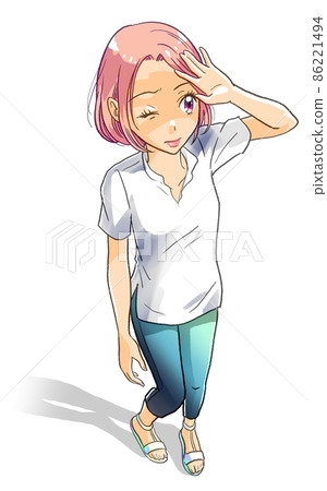 Illustration of a young woman holding her palm to avoid the bright sunlight of summer Illustration of a young woman holding her palm to avoid the bright sunlight of summer 86221494