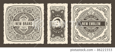 Square and vertical vintage labels for packaging. Calligraphic cards and frames in the style of line art 86221553