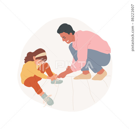 Learn to tie laces abstract concept vector illustration. Teaching kid to tie laces, learning to get dressed, making knot skill, self-care kindergarten exercise, early education abstract metaphor. 86221607