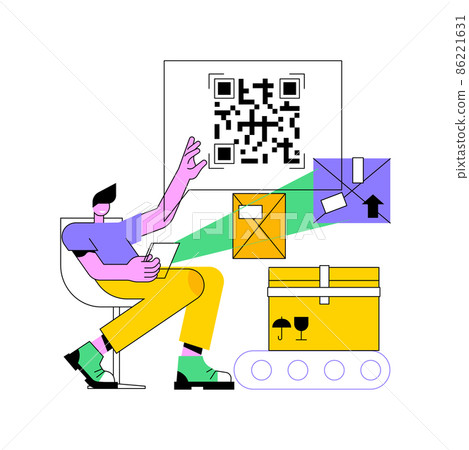 QR code abstract concept vector illustration. QR generator online, QR code reading, warehouse modern technology, automated inventory management systems, product information abstract metaphor. 86221631