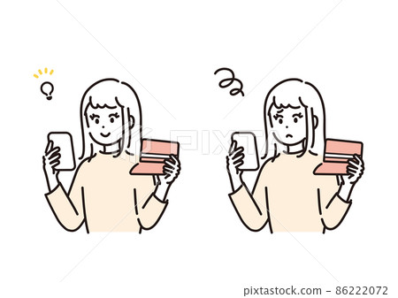 Illustration material set of a woman comparing the screen of a smartphone and a passbook 86222072
