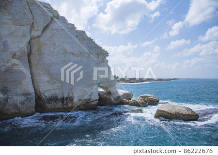 Mediterranean sea, white chalk rocks and some beaches captured from Rosh HaniKra formation in Israel. 86222676