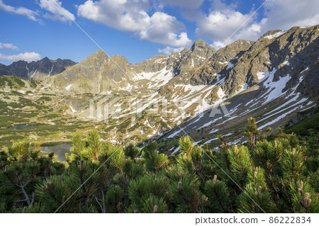 View of Green Gasienicowa Valley with the peaks of the High Tatras. View of Green Gasienicowa Valley with the peaks of the High Tatras. 86222834