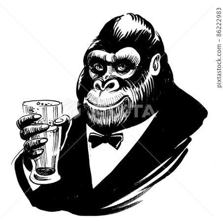 Happy gorilla drinking a glass of beer 86222983