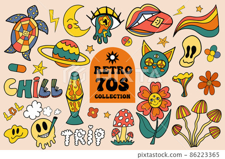 Retro 70s vibe, hippie stickers, psychedelic trippy groovy elements. Cartoon funky sticker vintage hippy style element. vector illustration 86223365