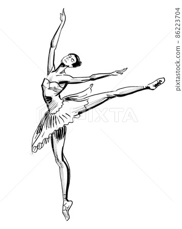 Beautiful dancing ballerina. Ink black and white drawing 86223704