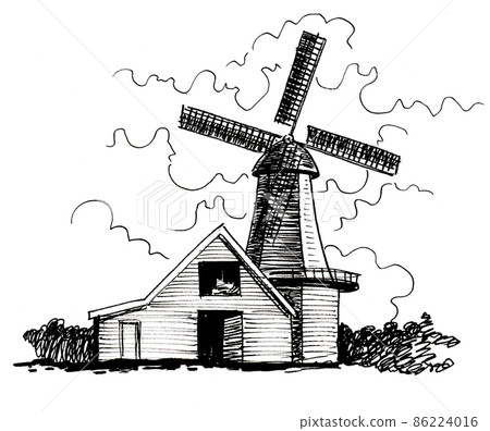 Wind mill in the countryside. Ink black and white draiwng 86224016