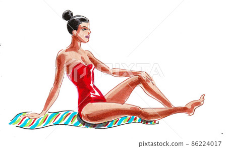 Pretty girl in red swimming suit sitting on the blanket. Ink and watercolour drawing 86224017